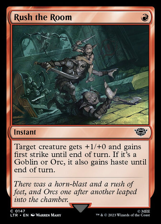 This Is An Image Of The Magic The Gathering Card Rush the Room From The Set The Lord of the Rings: Tales of Middle-earth - Designed By Artist Warren Mahy
