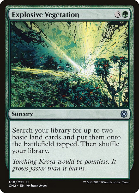 This Is An Image Of The Magic The Gathering Card Explosive Vegetation From The Set Duskmourn: House of Horror Commander - Designed By Artist John Avon