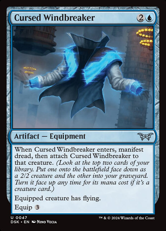 This Is An Image Of The Magic The Gathering Card Cursed Windbreaker From The Set Duskmourn: House of Horror - Designed By Artist Nino Vecia