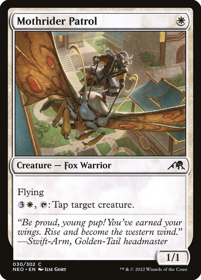This Is An Image Of The Magic The Gathering Card Mothrider Patrol From The Set Kamigawa: Neon Dynasty - Designed By Artist Ilse Gort