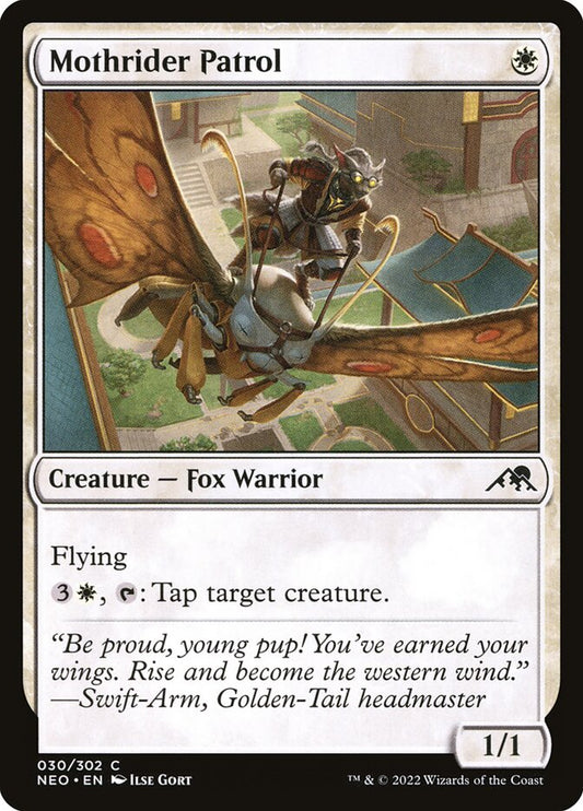 This Is An Image Of The Magic The Gathering Card Mothrider Patrol From The Set Kamigawa: Neon Dynasty - Designed By Artist Ilse Gort