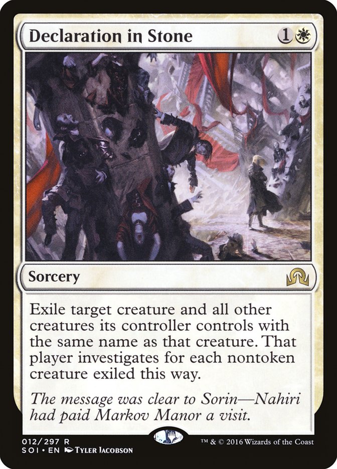 This Is An Image Of The Magic The Gathering Card Declaration in Stone From The Set New Capenna Commander - Designed By Artist Tyler Jacobson