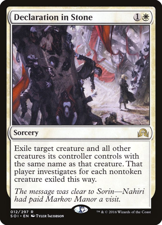 This Is An Image Of The Magic The Gathering Card Declaration in Stone From The Set New Capenna Commander - Designed By Artist Tyler Jacobson