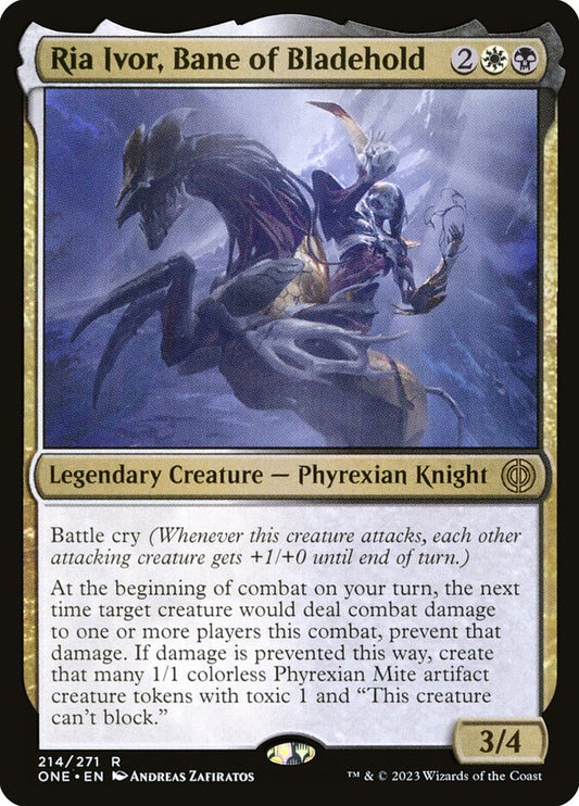 This Is An Image Of The Magic The Gathering Card Ria Ivor, Bane of Bladehold From The Set Phyrexia: All Will Be One - Designed By Artist Andreas Zafiratos