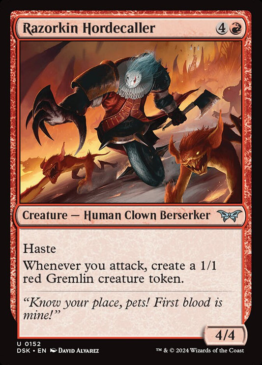 This Is An Image Of The Magic The Gathering Card Razorkin Hordecaller From The Set Duskmourn: House of Horror - Designed By Artist David Álvarez