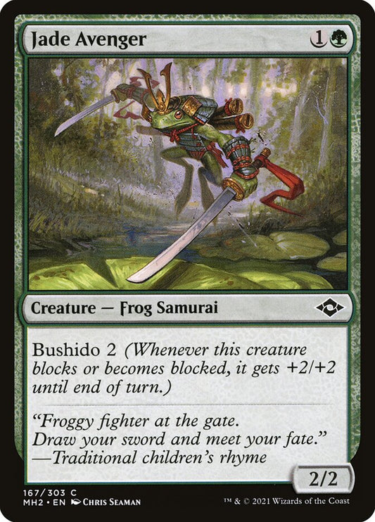 This Is An Image Of The Magic The Gathering Card Jade Avenger From The Set Modern Horizons 2 - Designed By Artist Chris Seaman