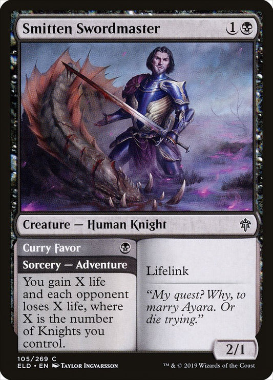 This Is An Image Of The Magic The Gathering Card Smitten Swordmaster // Curry Favor From The Set March of the Machine Commander - Designed By Artist Taylor Ingvarsson