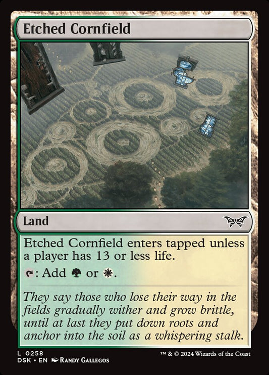 This Is An Image Of The Magic The Gathering Card Etched Cornfield From The Set Duskmourn: House of Horror - Designed By Artist Randy Gallegos