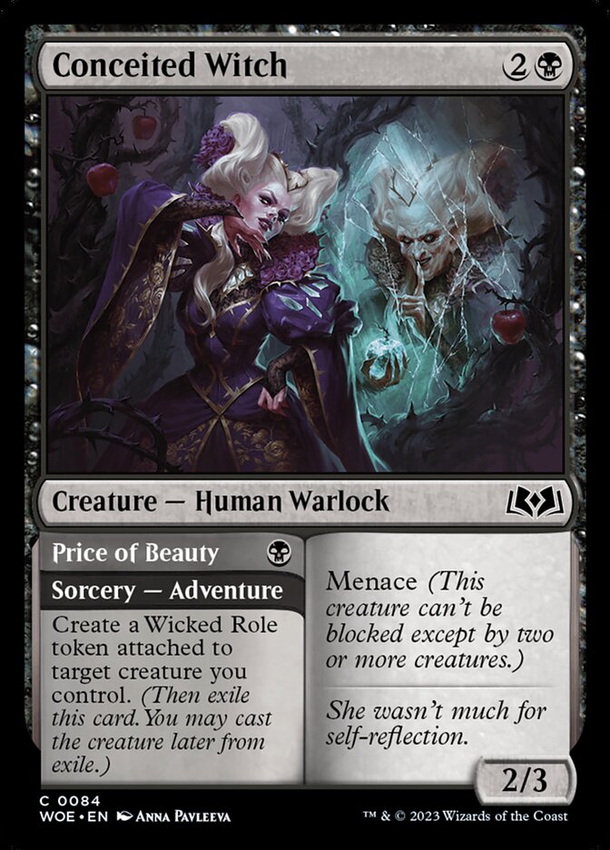 This Is An Image Of The Magic The Gathering Card Conceited Witch // Price of Beauty From The Set Wilds of Eldraine - Designed By Artist Anna Pavleeva