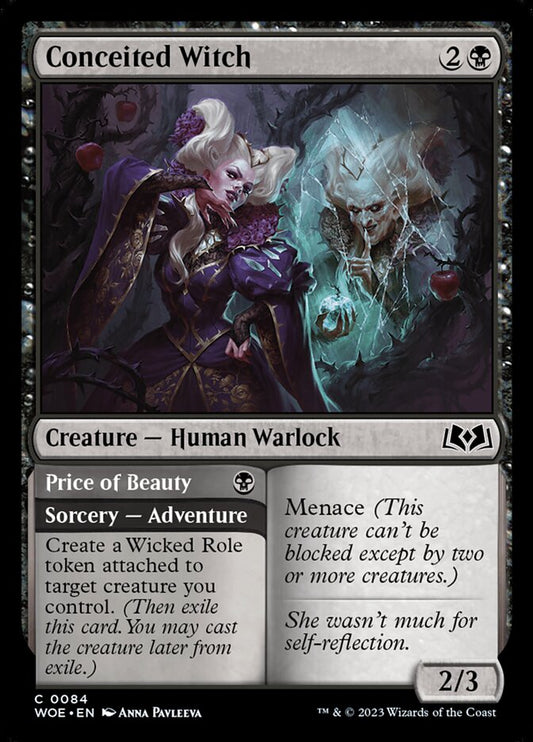 This Is An Image Of The Magic The Gathering Card Conceited Witch // Price of Beauty From The Set Wilds of Eldraine - Designed By Artist Anna Pavleeva