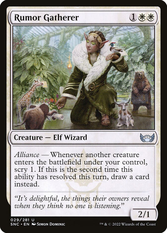 This Is An Image Of The Magic The Gathering Card Rumor Gatherer From The Set Commander Legends: Battle for Baldur's Gate - Designed By Artist Simon Dominic