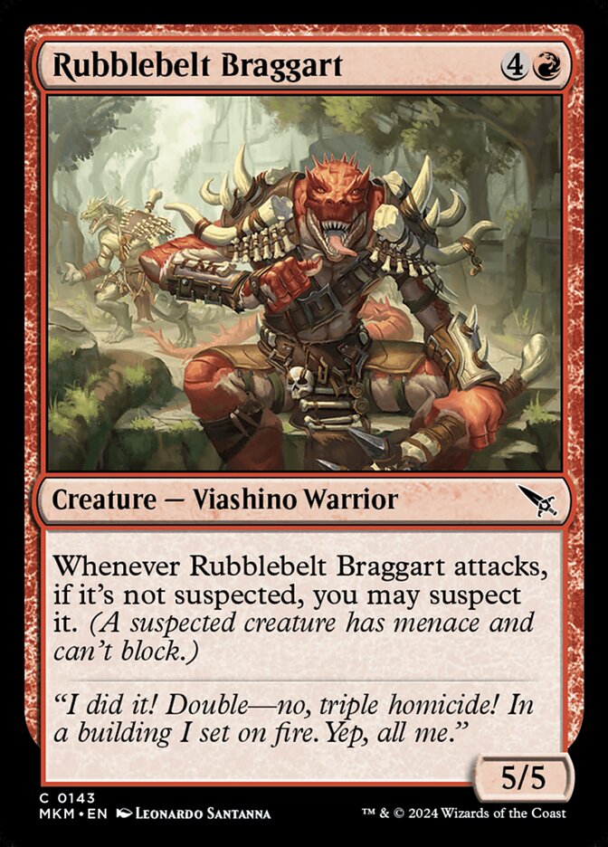 This Is An Image Of The Magic The Gathering Card Rubblebelt Braggart From The Set Murders at Karlov Manor - Designed By Artist Leonardo Santanna