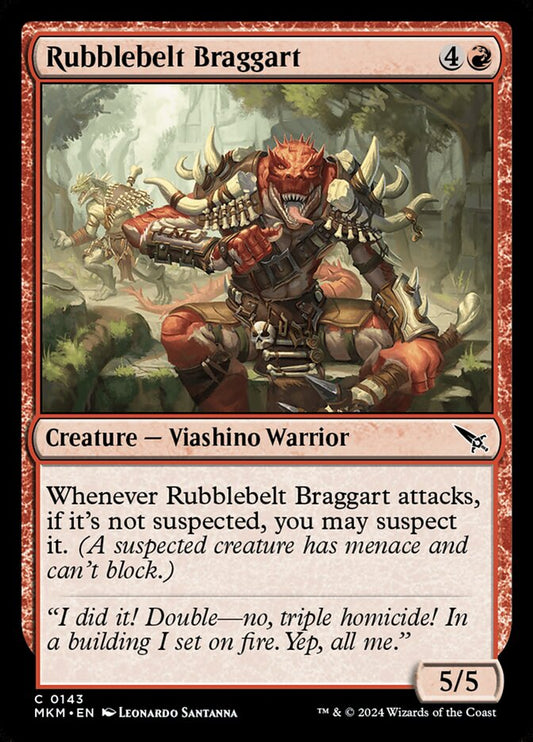 This Is An Image Of The Magic The Gathering Card Rubblebelt Braggart From The Set Murders at Karlov Manor - Designed By Artist Leonardo Santanna