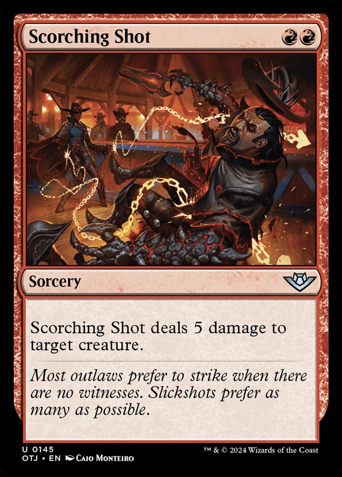 This Is An Image Of The Magic The Gathering Card Scorching Shot From The Set Outlaws of Thunder Junction - Designed By Artist Caio Monteiro
