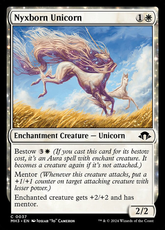 This Is An Image Of The Magic The Gathering Card Nyxborn Unicorn From The Set Modern Horizons 3 - Designed By Artist Josiah "Jo" Cameron