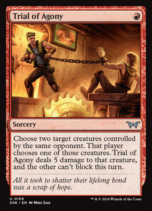 This Is An Image Of The Magic The Gathering Card Trial of Agony From The Set Duskmourn: House of Horror - Designed By Artist Mike Sass