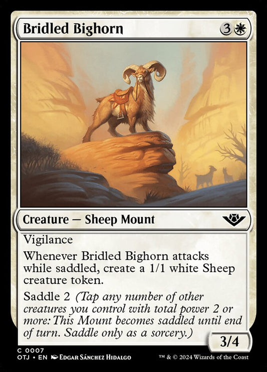 This Is An Image Of The Magic The Gathering Card Bridled Bighorn From The Set Outlaws of Thunder Junction - Designed By Artist Edgar Sánchez Hidalgo