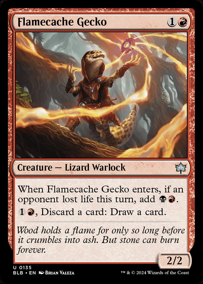 This Is An Image Of The Magic The Gathering Card Flamecache Gecko From The Set Bloomburrow - Designed By Artist Brian Valeza