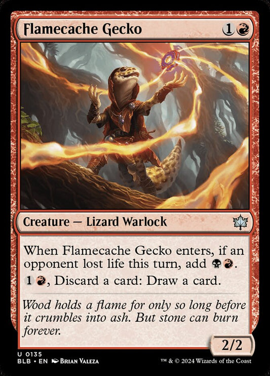 This Is An Image Of The Magic The Gathering Card Flamecache Gecko From The Set Bloomburrow - Designed By Artist Brian Valeza