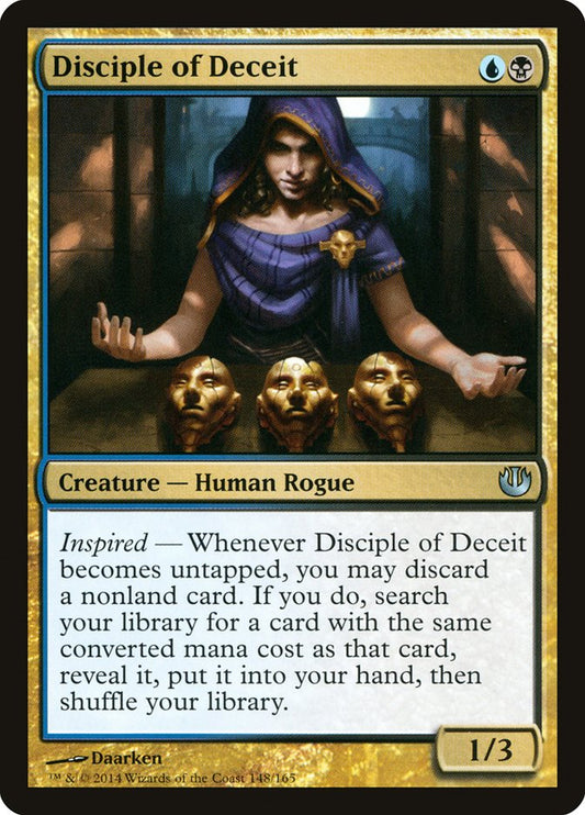 This Is An Image Of The Magic The Gathering Card Disciple of Deceit From The Set Journey into Nyx - Designed By Artist Daarken