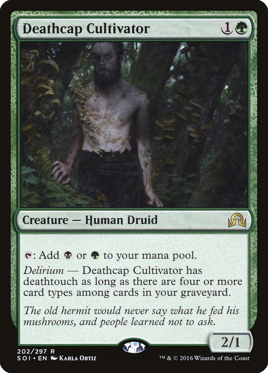 This Is An Image Of The Magic The Gathering Card Deathcap Cultivator From The Set Duskmourn: House of Horror Commander - Designed By Artist Karla Ortiz