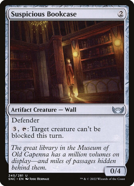 This Is An Image Of The Magic The Gathering Card Suspicious Bookcase From The Set Duskmourn: House of Horror Commander - Designed By Artist Tyler Walpole