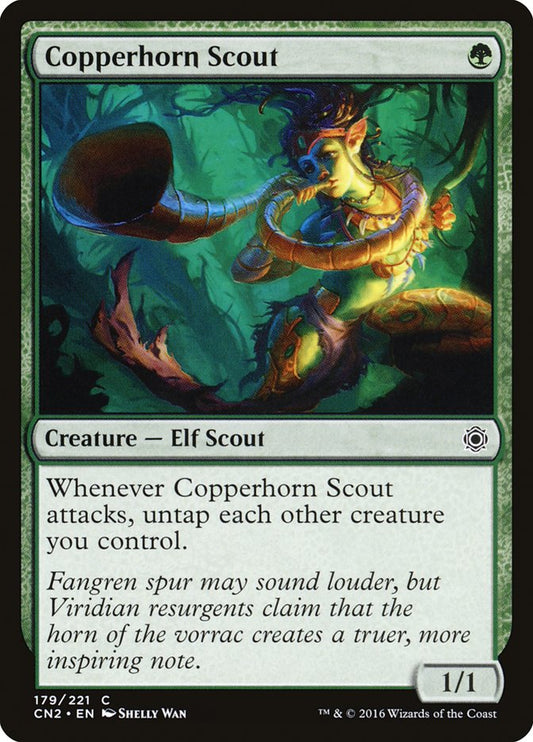 This Is An Image Of The Magic The Gathering Card Copperhorn Scout From The Set Conspiracy: Take the Crown - Designed By Artist Shelly Wan