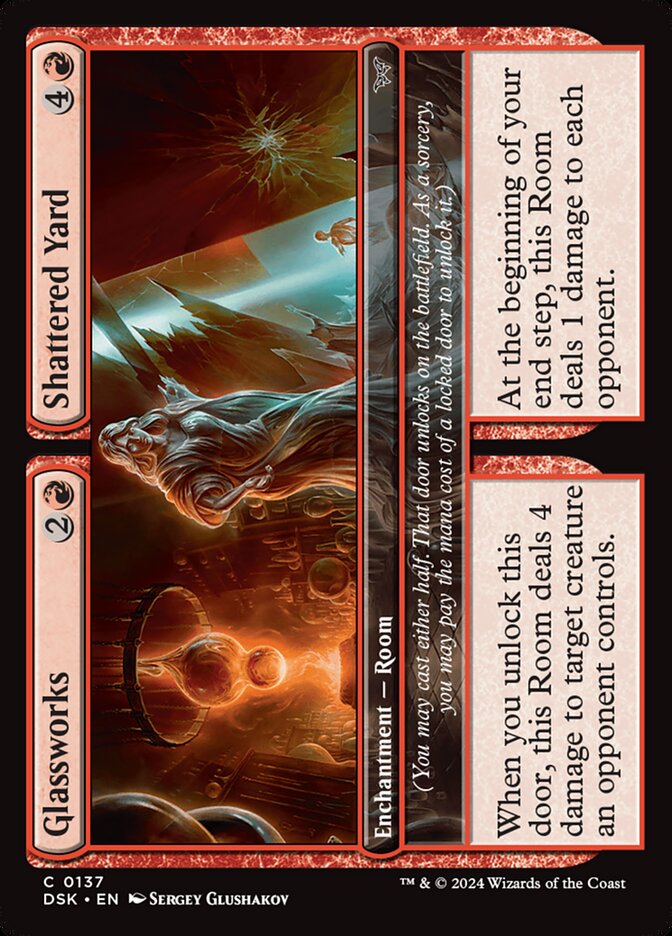 This Is An Image Of The Magic The Gathering Card Glassworks // Shattered Yard From The Set Duskmourn: House of Horror - Designed By Artist Sergey Glushakov