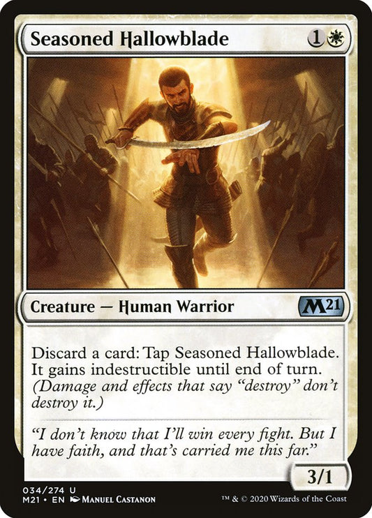 This Is An Image Of The Magic The Gathering Card Seasoned Hallowblade From The Set Core Set 2021 - Designed By Artist Manuel Castañón