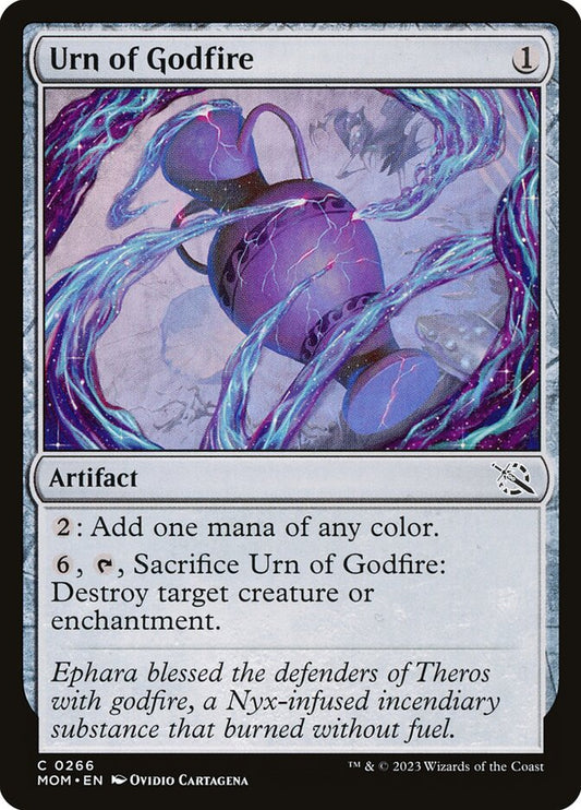 This Is An Image Of The Magic The Gathering Card Urn of Godfire From The Set March of the Machine - Designed By Artist Ovidio Cartagena