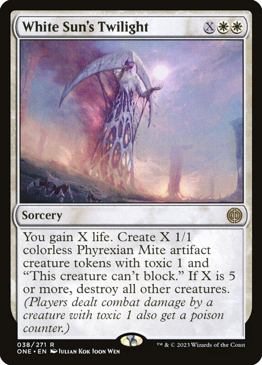 This Is An Image Of The Magic The Gathering Card White Sun's Twilight From The Set Phyrexia: All Will Be One - Designed By Artist Julian Kok Joon Wen
